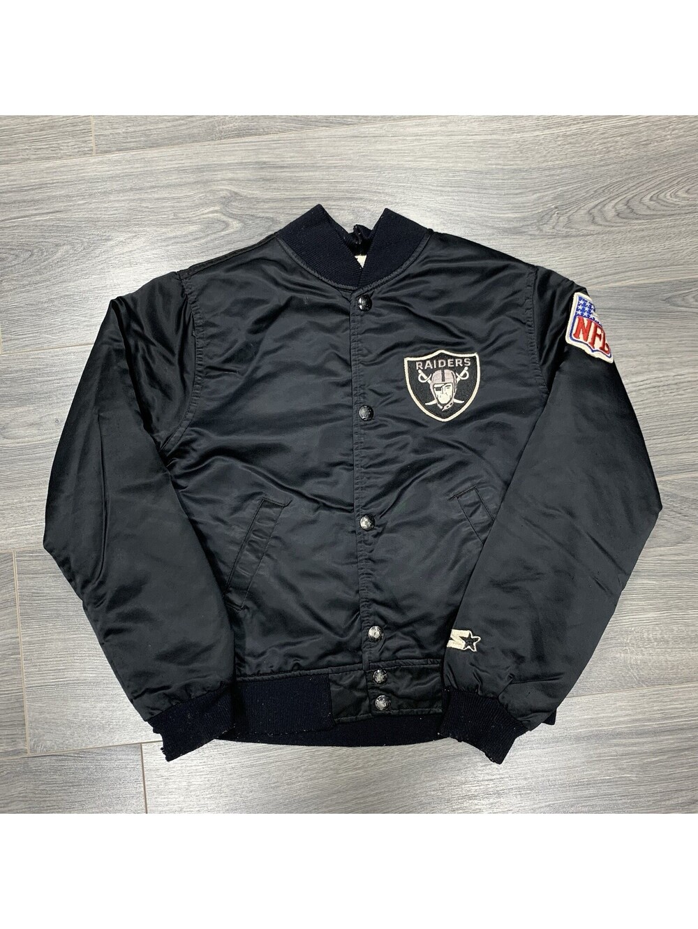 Vintage 1980S Starter Oakland Raiders Satin Jacket Youth Small Rare Black Logo